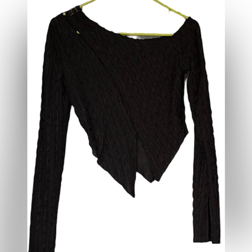 SHEIN Elegant Black Long Sleeve Crop Top with Asymetrical Cut Outs XS